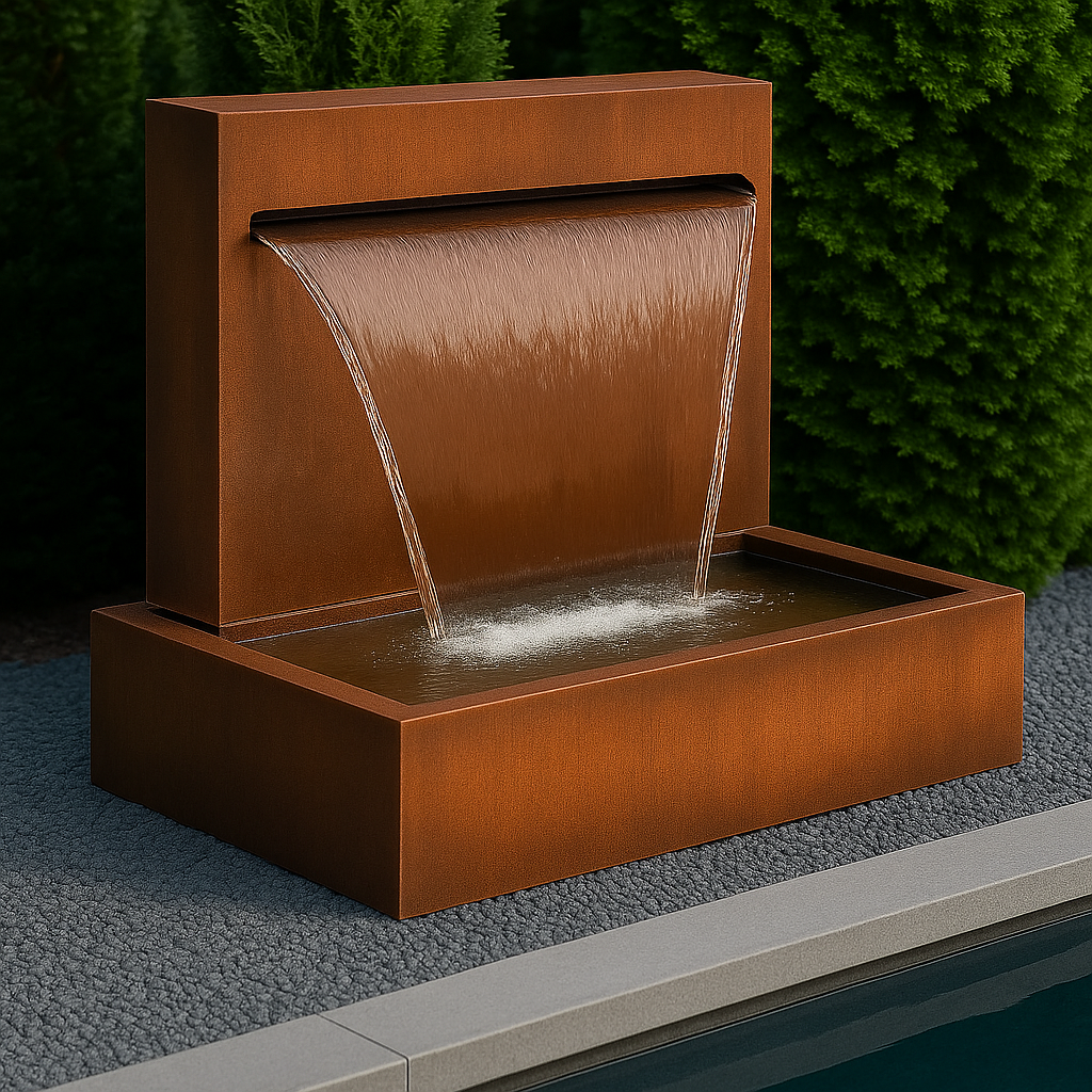 Modern Corten Steel Waterfall Fountain – Outdoor Rust Water Feature for Garden, Patio & Poolside Decor