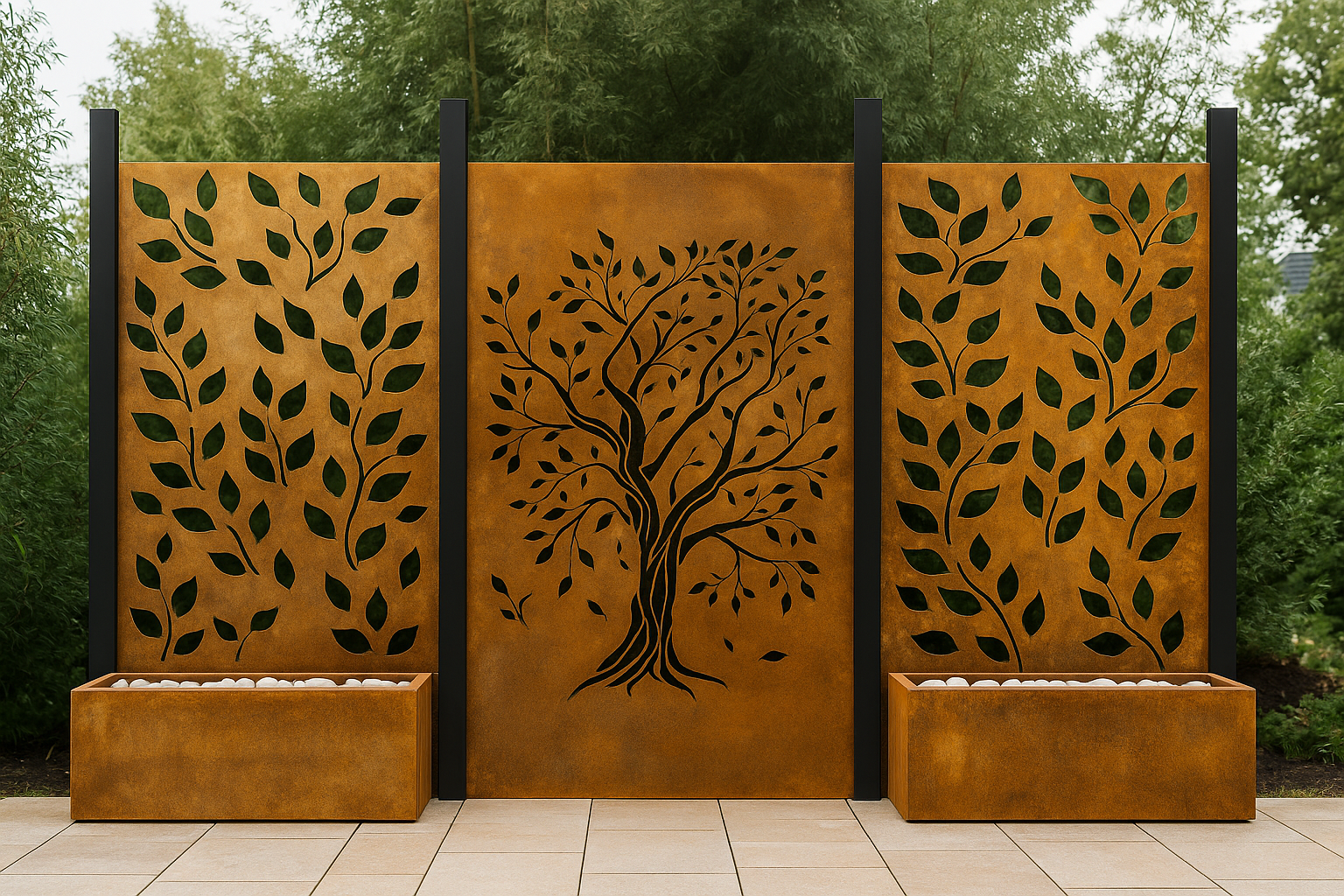 Custom Made Size -  Corten Steel Decorative Privacy Panel Set – Three 36"x60" Panels with Planter Bases | Tree &amp; Leaves Laser-Cut Design by H&amp;P Building