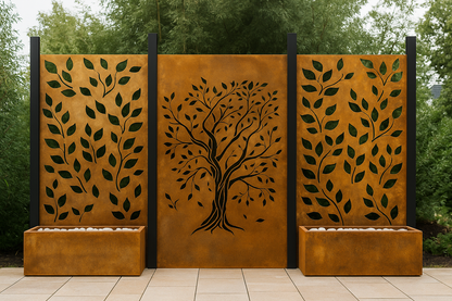 Custom Made Size -  Corten Steel Decorative Privacy Panel Set – Three 36"x60" Panels with Planter Bases | Tree &amp; Leaves Laser-Cut Design by H&amp;P Building