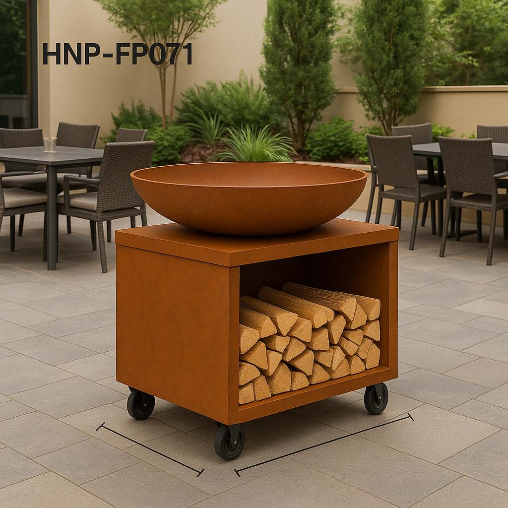 🔥 HNP-FP071 – Corten Steel Fire Pit with Wood Storage and Wheels | Outdoor Heating & Cooking Station