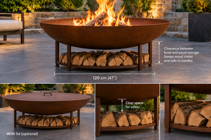 Corten Steel Fire Pit, Outdoor Fire Pit, Fire Pit Bowl, Wood Burning, Firewood Storage, Lid e Custom Size.