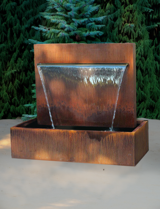 Custom Made Corten Steel Water Feature- Single Basin with Backdrop panel