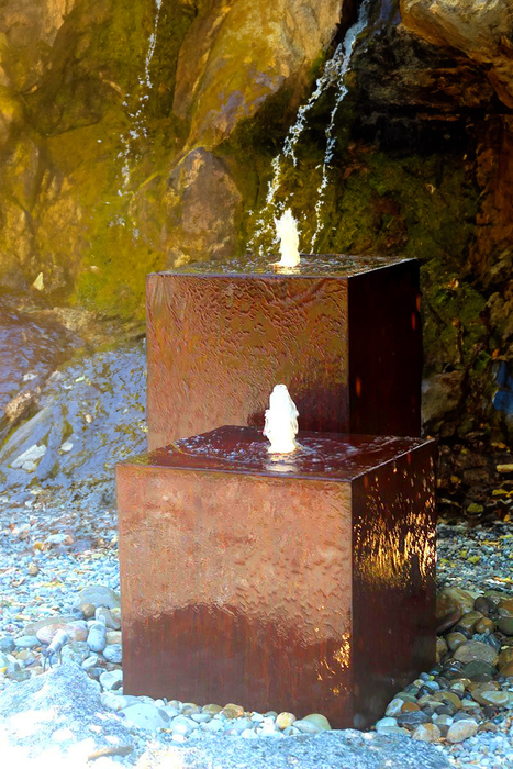 Custom Made Corten Steel Water Feature- Cube with water basin and central Bubbler