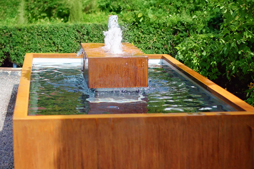 Custom Made Corten Steel Water Feature- Rectangular Basin with elevated Central Bubbler