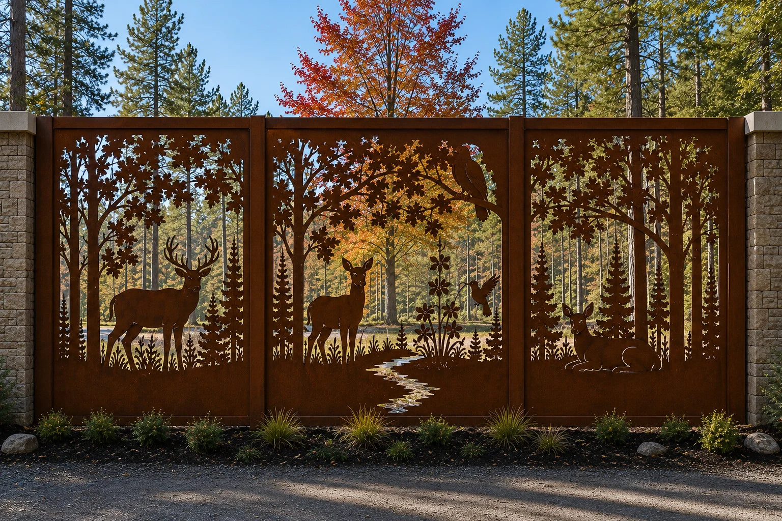 Architectural Corten Steel Privacy Screen | Luxury Deer Laser Cut Metal Panel | Woodland Collection