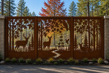 Architectural Corten Steel Privacy Screen | Luxury Deer Laser Cut Metal Panel | Woodland Collection