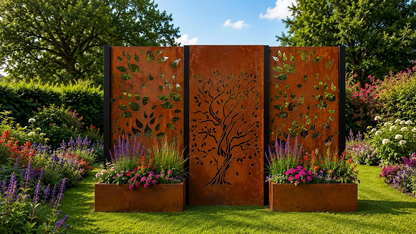 Custom Made Size -  Corten Steel Decorative Privacy Panel Set – Three 36"x60" Panels with Planter Bases | Tree &amp; Leaves Laser-Cut Design by H&amp;P Building