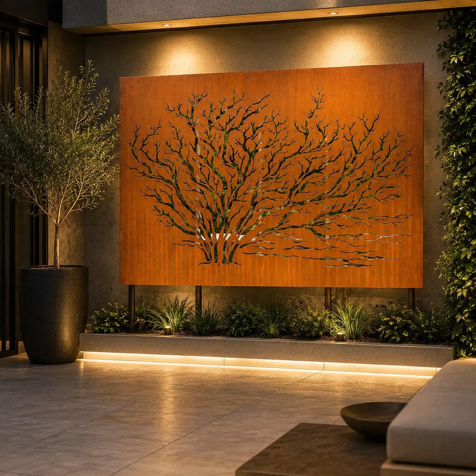 Juniper Tree Corten Steel Privacy Panel, Laser Cut Outdoor Wall Art, Modern Patio Screen Corten Steel Decorative Privacy Screen – Laser Cut Floral Design for Modern Gardens & Outdoor Spaces