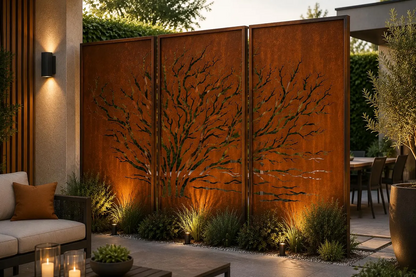 Juniper Tree Corten Steel Privacy Panel, Laser Cut Outdoor Wall Art, Modern Patio Screen Corten Steel Decorative Privacy Screen – Laser Cut Floral Design for Modern Gardens & Outdoor Spaces