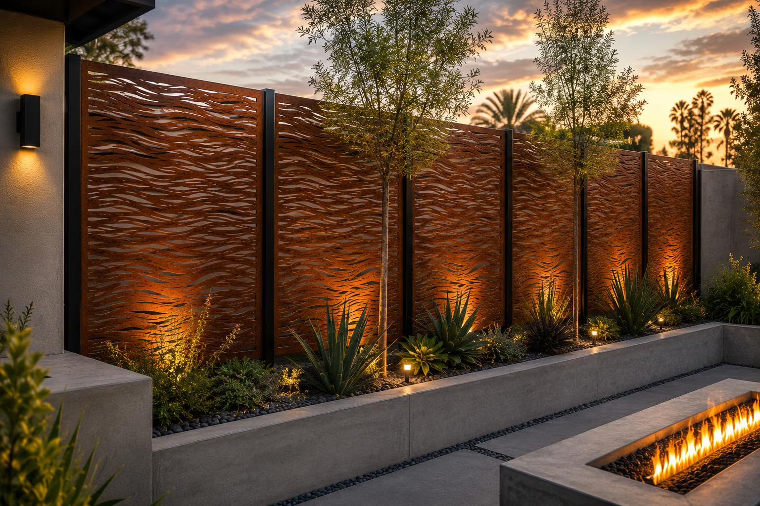 Modern Black Metal & Corten Steel Privacy Fence Panels | Custom Outdoor Privacy Screen | Decorative Fence