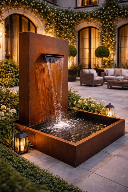 Modern Corten Steel Water Feature – Contemporary Outdoor Fountain with Basin