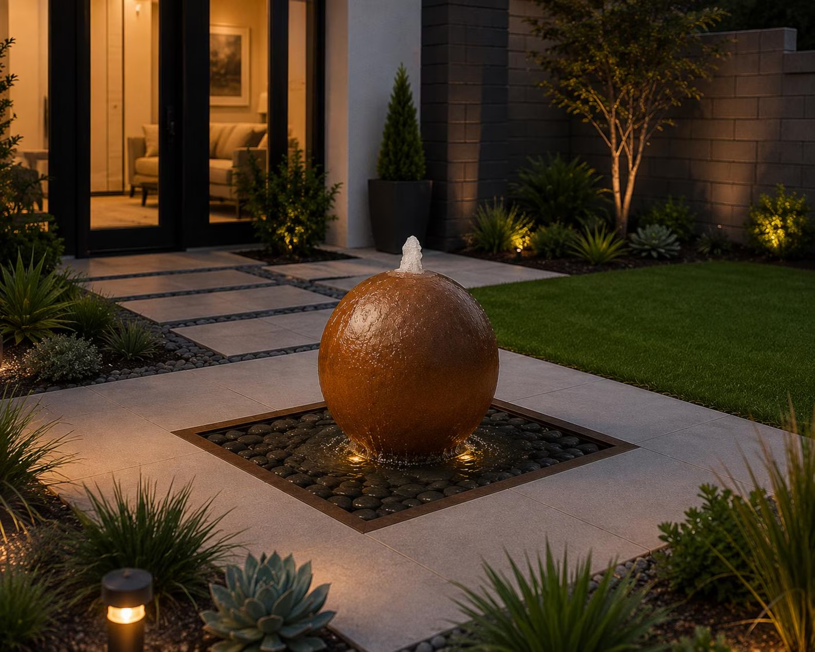 Corten Cascade Sphere – A Mesmerizing Water Feature Ball for Timeless Elegance