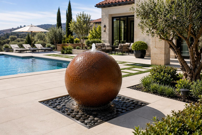 Corten Cascade Sphere – A Mesmerizing Water Feature Ball for Timeless Elegance