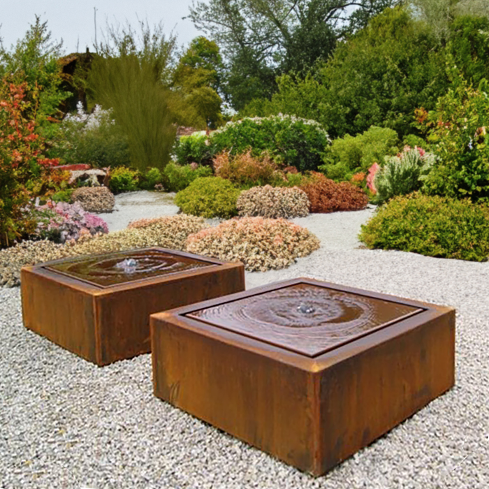 Custom Made Corten Steel Water Feature- Square with Central Bubbler